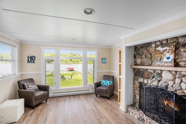 6026 Keeney Rd, Six Lakes, MI 48886 - sitting room featuring baseboard heating, ornamental molding, wood finished floors, and a fireplace