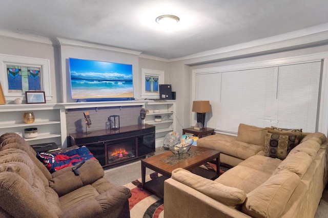 760 Algonquin St, Detroit, MI 48215 - carpeted living area featuring ornamental molding and a fireplace