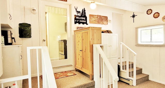 1308 Beaver Rd, Bitely, MI 49309 - stairs with baseboard heating and carpet floors