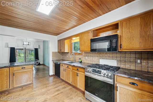 5490 Clarkston Rd, Clarkston, MI 48348 - kitchen with black appliances, a sink, wood ceiling, backsplash, and light wood-type flooring