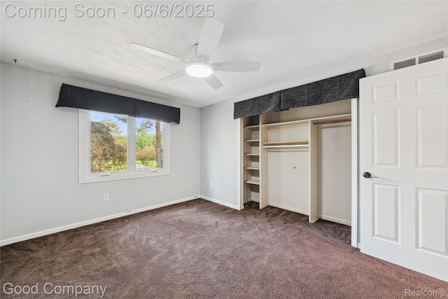 5490 Clarkston Rd, Clarkston, MI 48348 - unfurnished bedroom with dark carpet, baseboards, a closet, a textured ceiling, and a ceiling fan