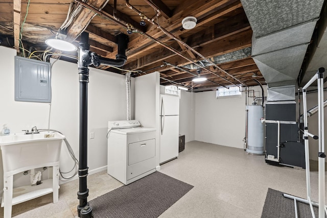 21850 Schroeder Ave, Eastpointe, MI 48021 - basement with washer / clothes dryer, gas water heater, freestanding refrigerator, electric panel, and light flooring