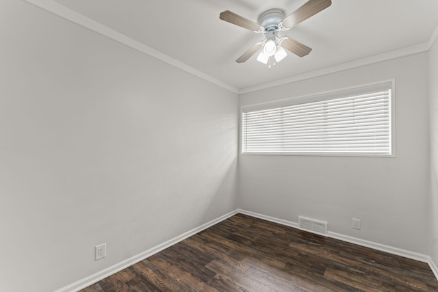 21850 Schroeder Ave, Eastpointe, MI 48021 - empty room with ornamental molding, baseboards, dark wood-style flooring, and a ceiling fan