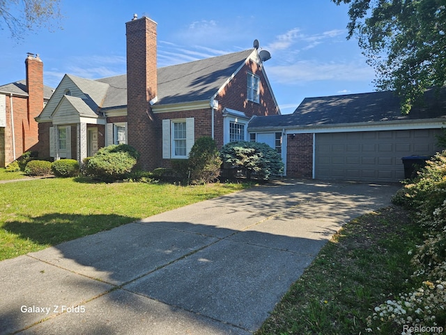 18941 Puritan St, Detroit, MI 48223 - view of front of property featuring brick siding, concrete driveway, a front yard, a garage, and a chimney