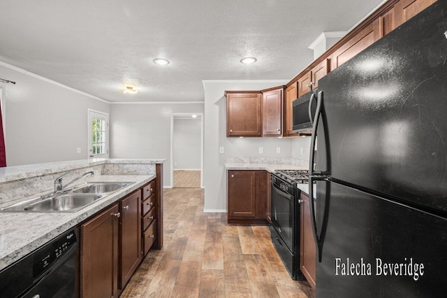 2575 Theodore Ave, Hudsonville, MI 49426 - kitchen featuring black appliances, a sink, light countertops, light wood-style floors, and ornamental molding