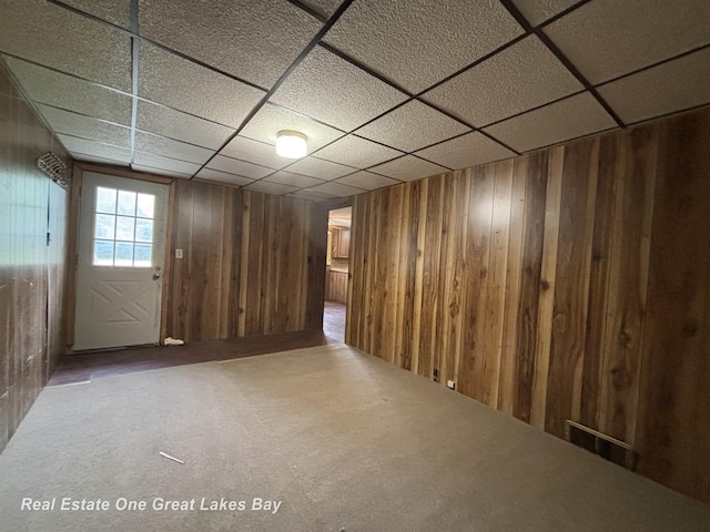 8446 Bamfield Rd, South Branch, MI 48761 - below grade area featuring wood walls, a paneled ceiling, and carpet