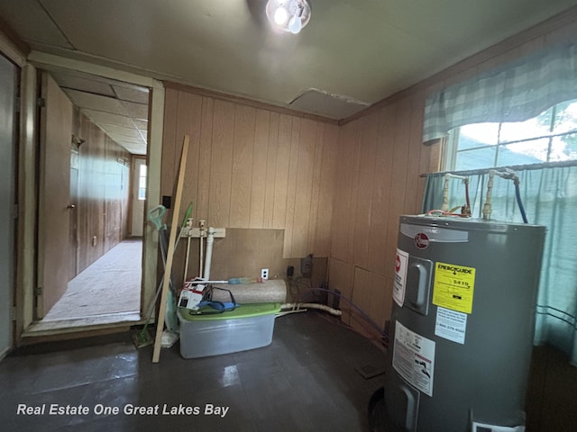 8446 Bamfield Rd, South Branch, MI 48761 - miscellaneous room with electric water heater, wooden walls, and plenty of natural light