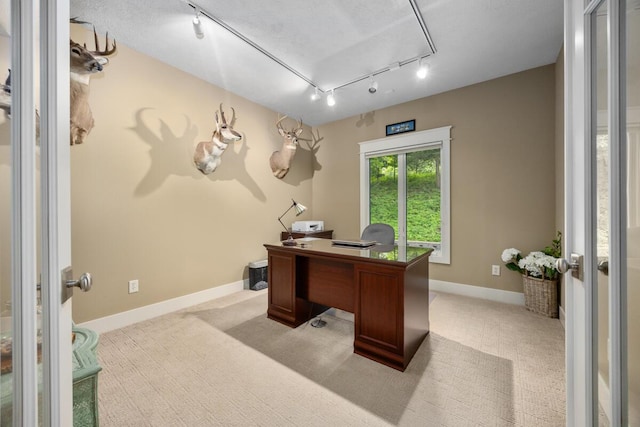 1708 N Norris Rd, Middleville, MI 49333 - home office with rail lighting, light carpet, baseboards, and attic access