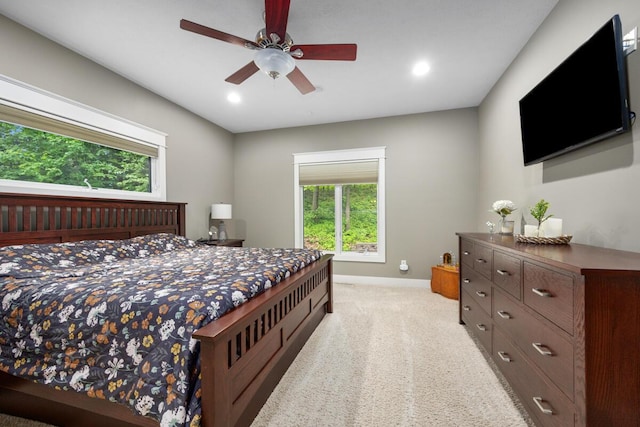 1708 N Norris Rd, Middleville, MI 49333 - bedroom featuring multiple windows, baseboards, light carpet, recessed lighting, and a ceiling fan