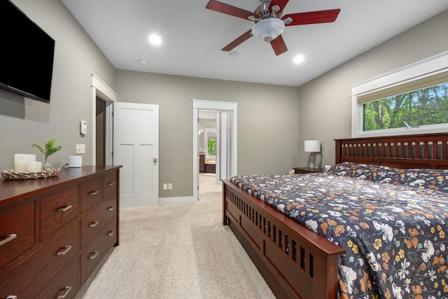 1708 N Norris Rd, Middleville, MI 49333 - bedroom featuring light colored carpet, recessed lighting, connected bathroom, baseboards, and a ceiling fan