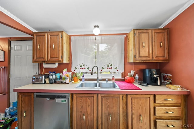 715 W Main St, Morenci, MI 49256 - kitchen with stainless steel dishwasher, a sink, light countertops, brown cabinets, and crown molding