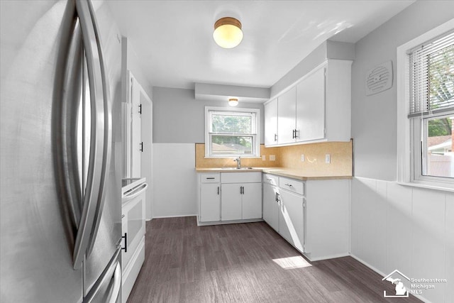 8691 Louise St, Allen Park, MI 48101 - kitchen featuring freestanding refrigerator, light countertops, plenty of natural light, and dark wood-style flooring