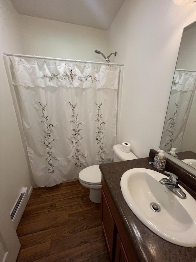 252 E Fenn Rd, Coldwater, MI 49036 - full bathroom featuring vanity, wood finished floors, toilet, a baseboard radiator, and curtained shower