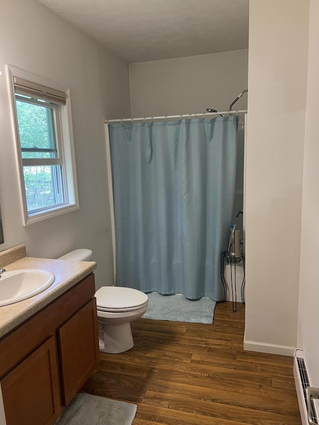 252 E Fenn Rd, Coldwater, MI 49036 - bathroom featuring a baseboard heating unit, vanity, wood finished floors, toilet, and a shower with curtain