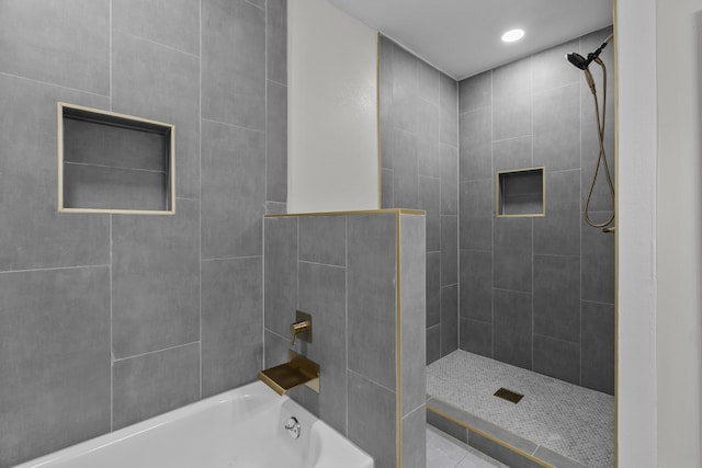 16631 Lawton St, Detroit, MI 48221 - bathroom featuring tiled shower, a bath, and recessed lighting
