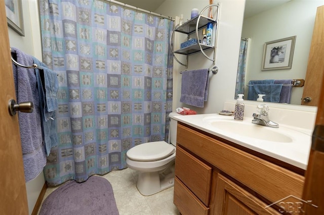 3485 Lakeshore Dr, Lupton, MI 48635 - bathroom with vanity, toilet, tile patterned flooring, and curtained shower