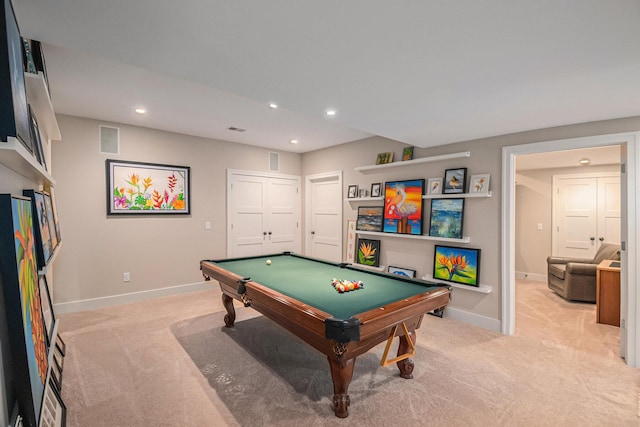 8680 Dexter Pinckney Rd, Pinckney, MI 48169 - playroom featuring light carpet, baseboards, billiards table, and recessed lighting