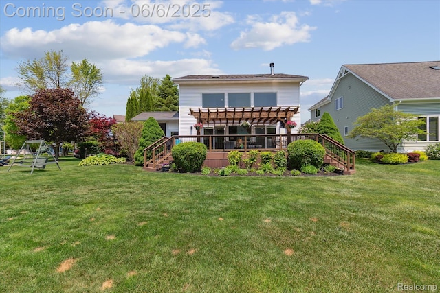 4118 Shoreview Ln, Whitmore Lake, MI 48189 - back of property featuring a pergola, a lawn, stairway, and a deck
