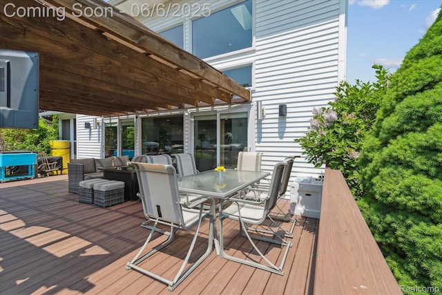 4118 Shoreview Ln, Whitmore Lake, MI 48189 - wooden deck featuring outdoor dining area and a pergola