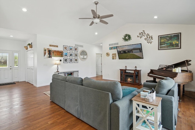 10 Windswept Ln, Hillsdale, MI 49242 - living room with ceiling fan, lofted ceiling, wood finished floors, baseboards, and recessed lighting