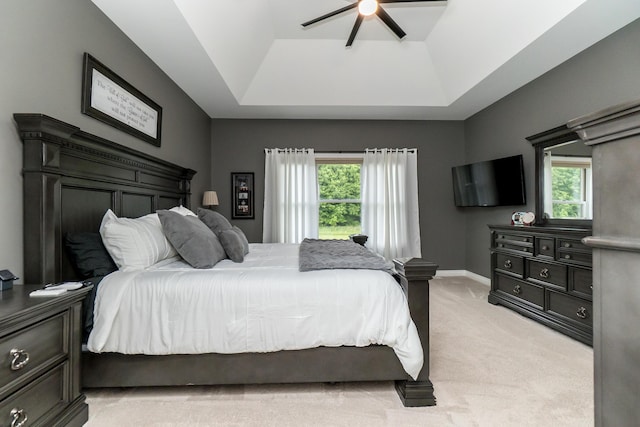 133 E Auburn Trl, Brighton, MI 48114 - bedroom featuring a raised ceiling, light carpet, ceiling fan, and baseboards