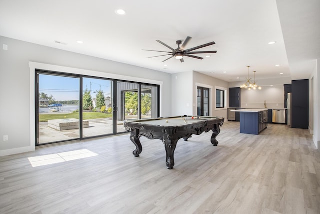 6646 E Eagle Lake Dr, Kalamazoo, MI 49009 - rec room with billiards, recessed lighting, light wood-style flooring, baseboards, and a sink