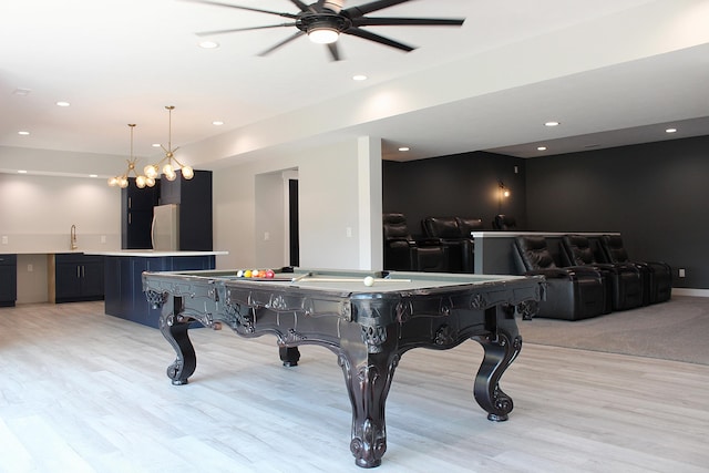6646 E Eagle Lake Dr, Kalamazoo, MI 49009 - recreation room featuring light wood-type flooring, ceiling fan, recessed lighting, billiards table, and bar area
