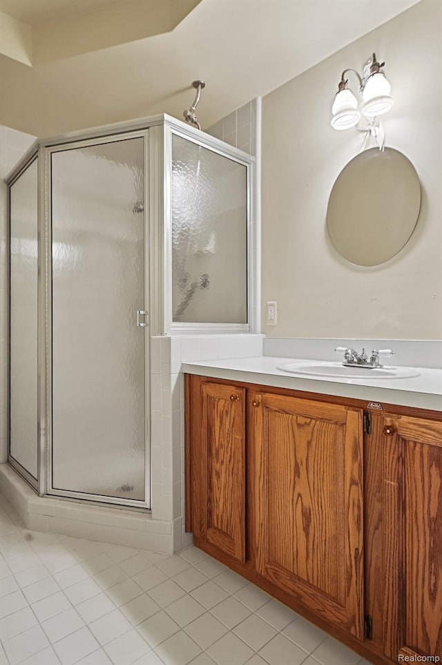 13716 Maple Grove Ave, Shelby Twp, MI 48315 - bathroom with tile patterned floors, a stall shower, and vanity