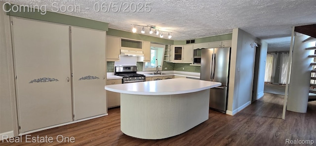 3825 Thomas Rd, Oxford, MI 48371 - kitchen featuring appliances with stainless steel finishes, a sink, under cabinet range hood, dark wood-style flooring, and a textured ceiling