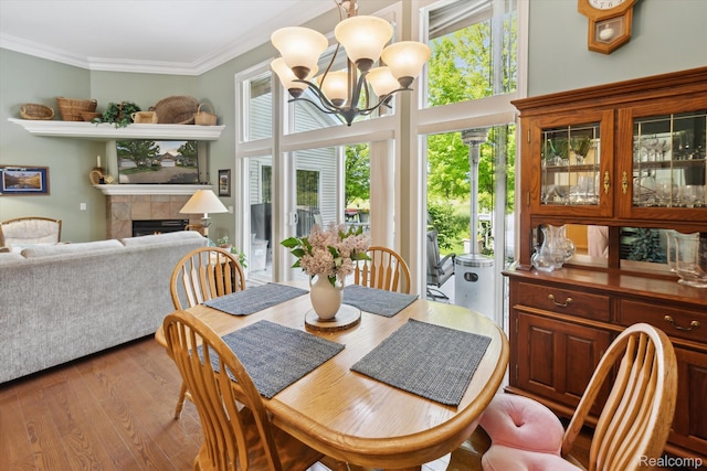 10172 Clarkshire Ct, South Lyon, MI 48178 - dining space featuring wood finished floors, a chandelier, a tiled fireplace, and crown molding