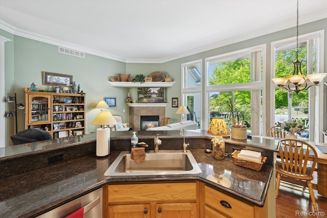 10172 Clarkshire Ct, South Lyon, MI 48178 - kitchen with a sink, ornamental molding, plenty of natural light, open floor plan, and a tiled fireplace