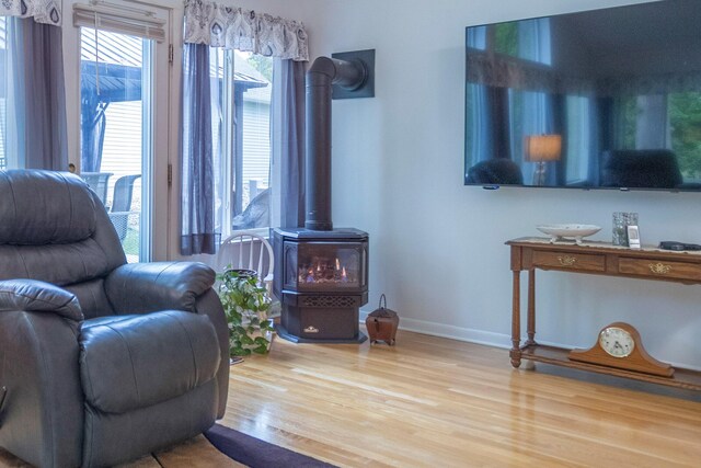 66 Meridian Ct, Mount Pleasant, MI 48858 - sitting room featuring a wood stove, wood finished floors, and baseboards