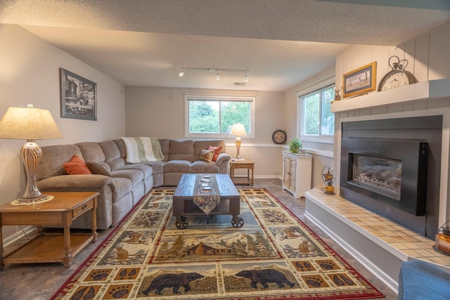 66 Meridian Ct, Mount Pleasant, MI 48858 - living area with a glass covered fireplace, baseboards, rail lighting, and a textured ceiling