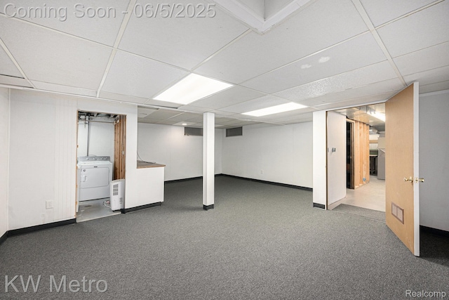 1360 Trailwood Path, Bloomfield Hills, MI 48301 - finished basement with washer / clothes dryer, a drop ceiling, baseboards, and carpet