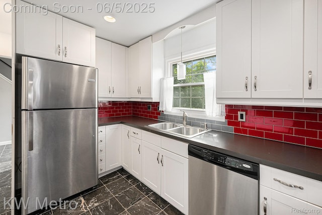 1360 Trailwood Path, Bloomfield Hills, MI 48301 - kitchen featuring appliances with stainless steel finishes, a sink, dark countertops, white cabinets, and dark marble finish floors