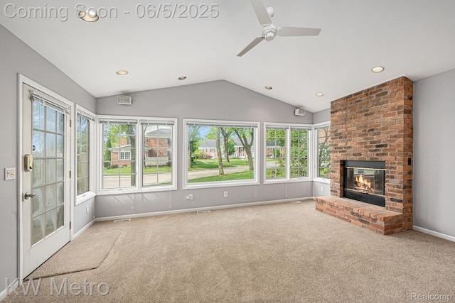 1360 Trailwood Path, Bloomfield Hills, MI 48301 - unfurnished living room featuring carpet, ceiling fan, lofted ceiling, a fireplace, and recessed lighting