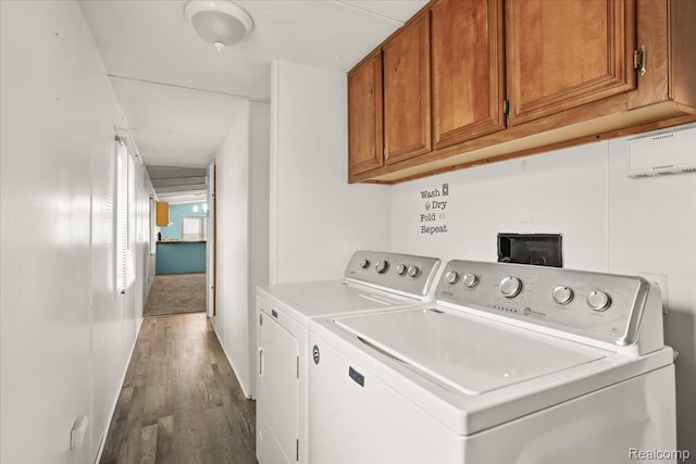 49831 Leicester Ct, Shelby Twp, MI 48315 - washroom with washing machine and dryer, dark wood finished floors, and cabinet space