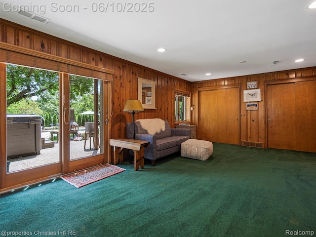 4383 Pine Tree Trl, Bloomfield Hills, MI 48302 - sitting room featuring carpet flooring, wood walls, recessed lighting, and crown molding