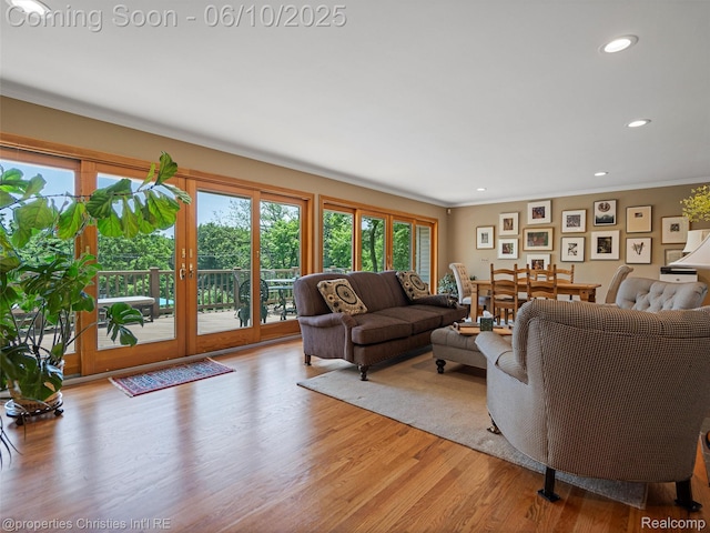 4383 Pine Tree Trl, Bloomfield Hills, MI 48302 - living area with light wood finished floors, ornamental molding, and recessed lighting