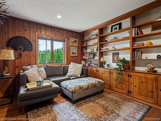 4383 Pine Tree Trl, Bloomfield Hills, MI 48302 - living room with wood finished floors, wooden walls, and recessed lighting
