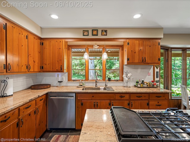 4383 Pine Tree Trl, Bloomfield Hills, MI 48302 - kitchen with dishwasher, a sink, stovetop, tasteful backsplash, and brown cabinets