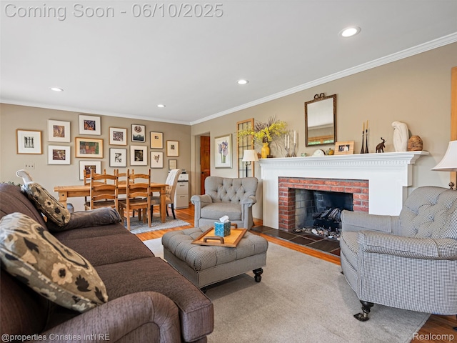 4383 Pine Tree Trl, Bloomfield Hills, MI 48302 - living room with recessed lighting, wood finished floors, ornamental molding, and a fireplace