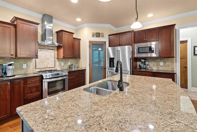 2887 E Iron Woods Pass, Midland, MI 48642 - kitchen featuring stainless steel appliances, wall chimney exhaust hood, a sink, ornamental molding, and light stone counters