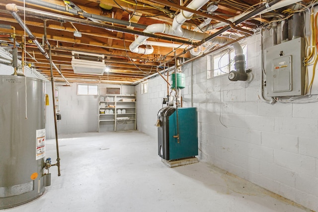 74219 Lambert Dr, South Haven, MI 49090 - basement featuring water heater, electric panel, and a heating unit