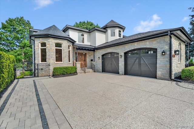 806 Ludlow Ave, Rochester, MI 48307 - french country style house featuring stone siding, concrete driveway, an attached garage, and a gate