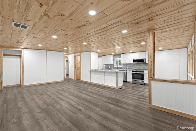 1060 Apple Blossom Dr, Howell, MI 48843 - kitchen with stainless steel appliances, open floor plan, white cabinets, dark wood-type flooring, and wooden ceiling