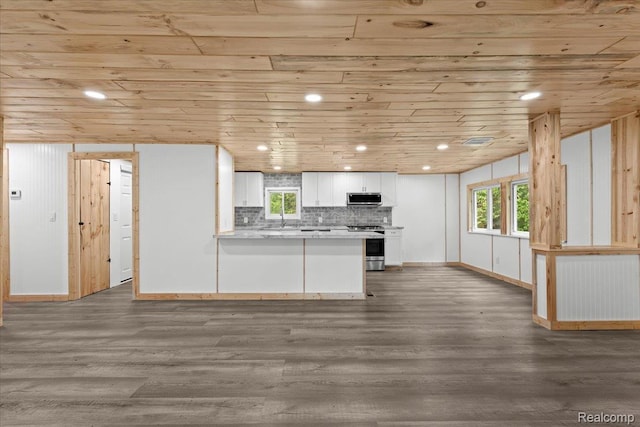 1060 Apple Blossom Dr, Howell, MI 48843 - kitchen with appliances with stainless steel finishes, wooden ceiling, dark wood-type flooring, white cabinetry, and light countertops