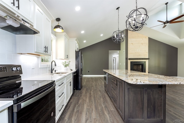 2291 E Maple Rd, Clare, MI 48617 - kitchen featuring black / electric stove, under cabinet range hood, a sink, freestanding refrigerator, and vaulted ceiling