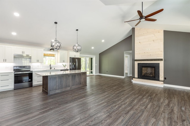 2291 E Maple Rd, Clare, MI 48617 - kitchen featuring appliances with stainless steel finishes, under cabinet range hood, open floor plan, a kitchen island, and white cabinetry