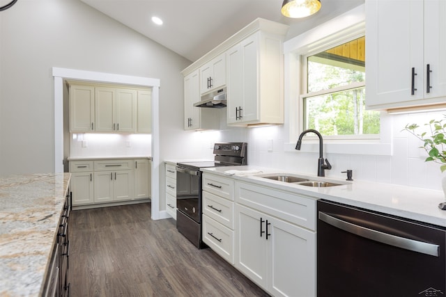 2291 E Maple Rd, Clare, MI 48617 - kitchen featuring range with electric cooktop, stainless steel dishwasher, a sink, under cabinet range hood, and lofted ceiling